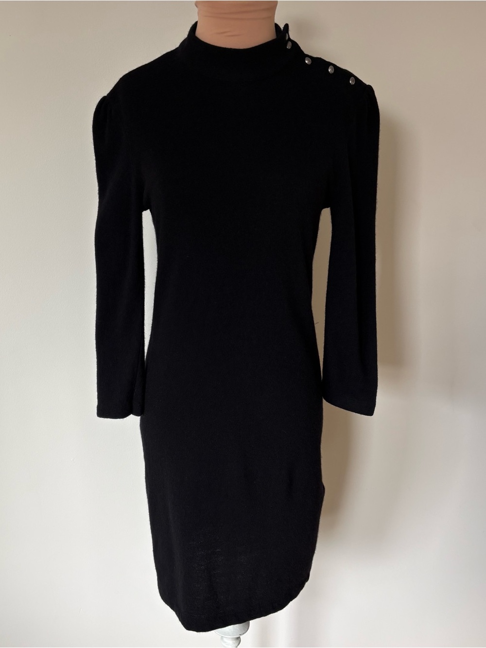 BA&SH Noir Black Knit Wool Button Neck French Girl Bodycon Lady Dress Size 1/S